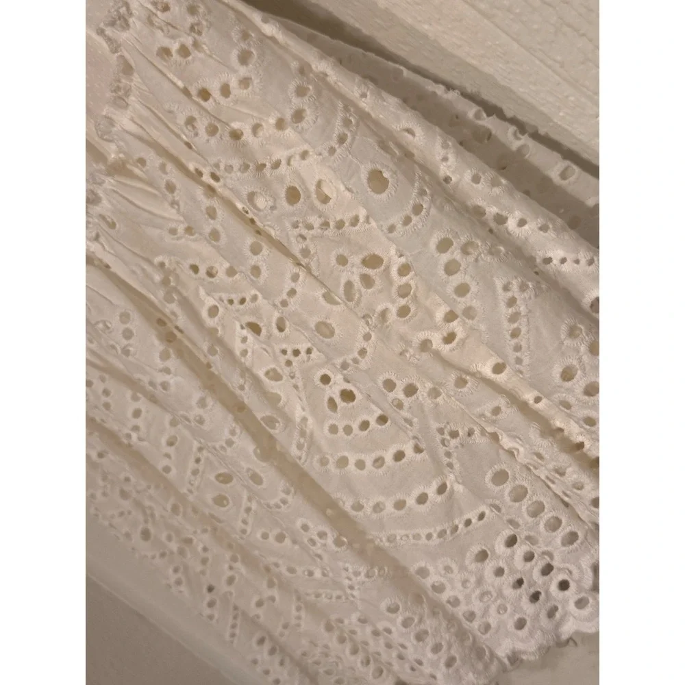 White Eyelet Lace 2 Piece‎ Set Long Sleeve Button Back Top & Tiered Mini Skirt